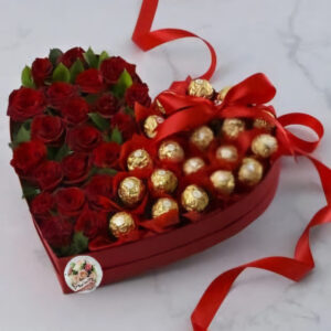 Red Heart Box with Roses and Chocolates