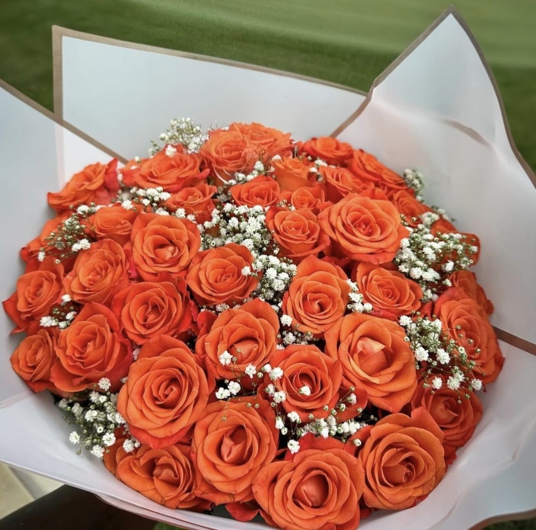 Orange roses with baby breath
