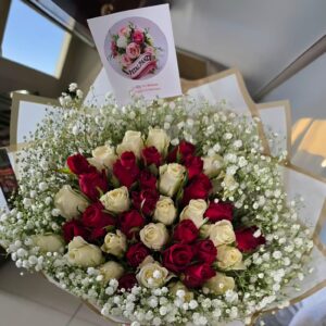 Red and White Rose Bouquet with Gypsies