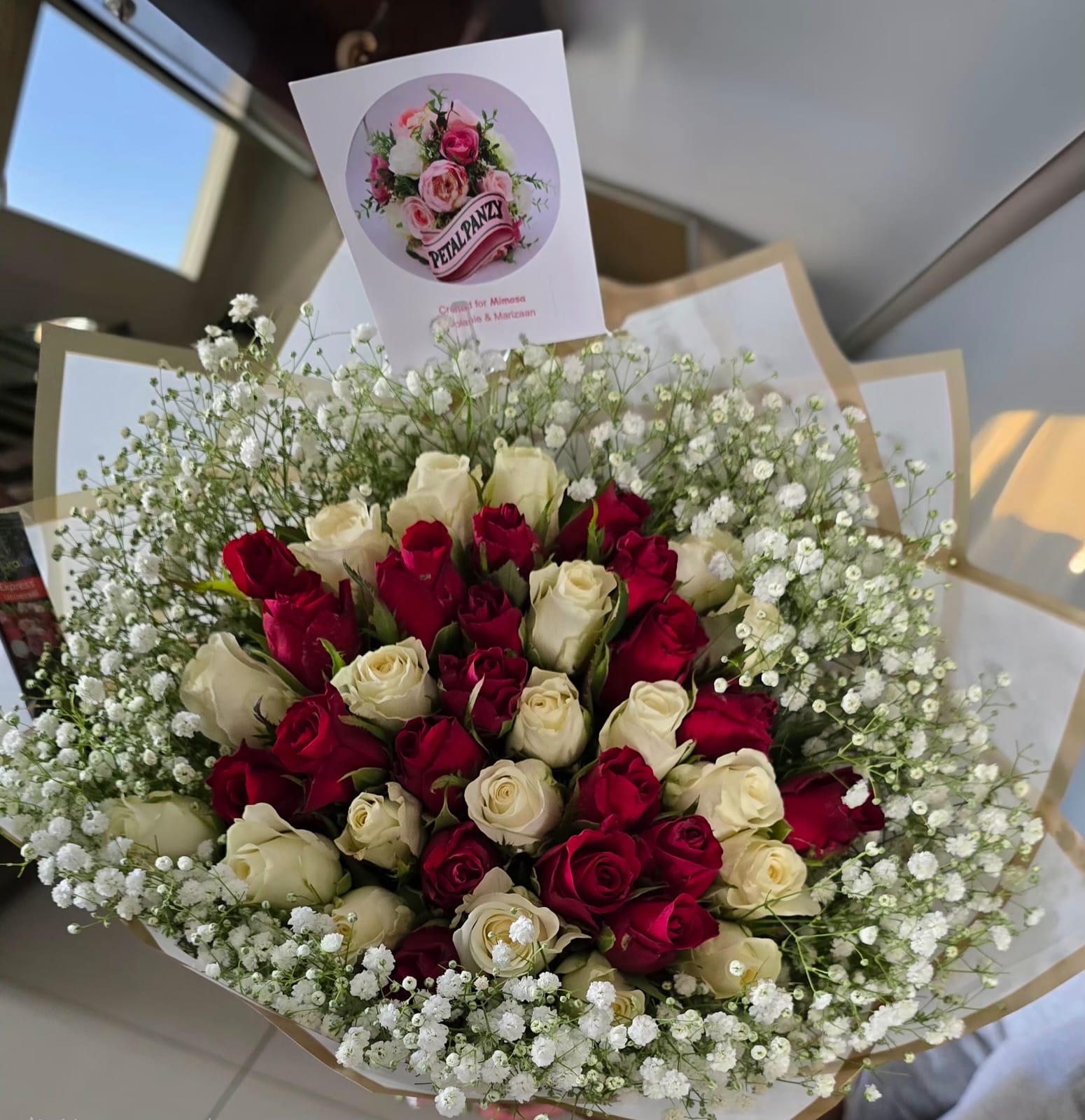 Red and White Rose Bouquet with Gypsies