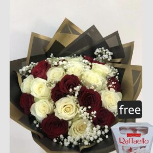 Classic Red & White Roses Bouquet with Free Raffaello Box