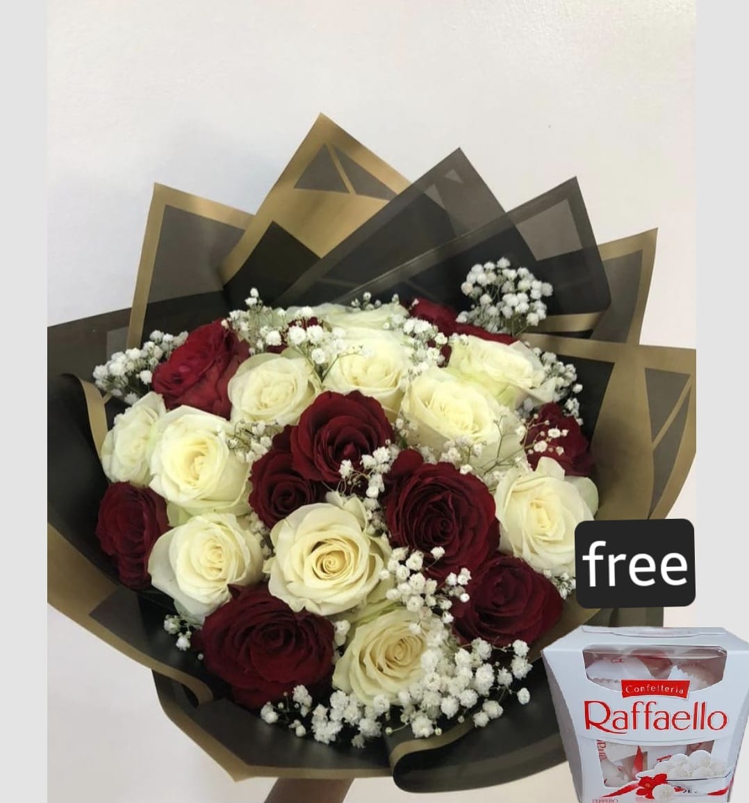 Classic Red & White Roses Bouquet with Free Raffaello Box