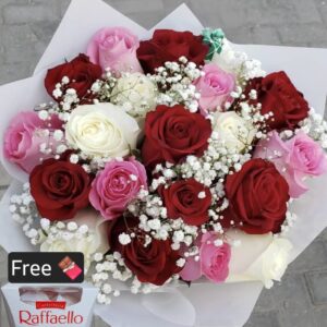 Romantic Red & Pink Roses Bouquet with Free Raffaello Box