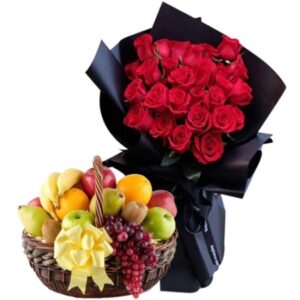 Red Roses Bouquet & Fruit Basket