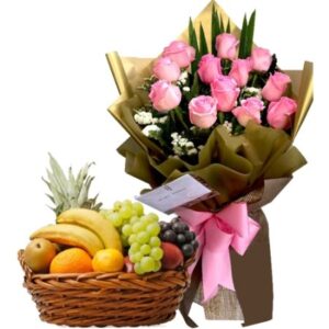 Pink Roses Bouquet & Fruit Basket