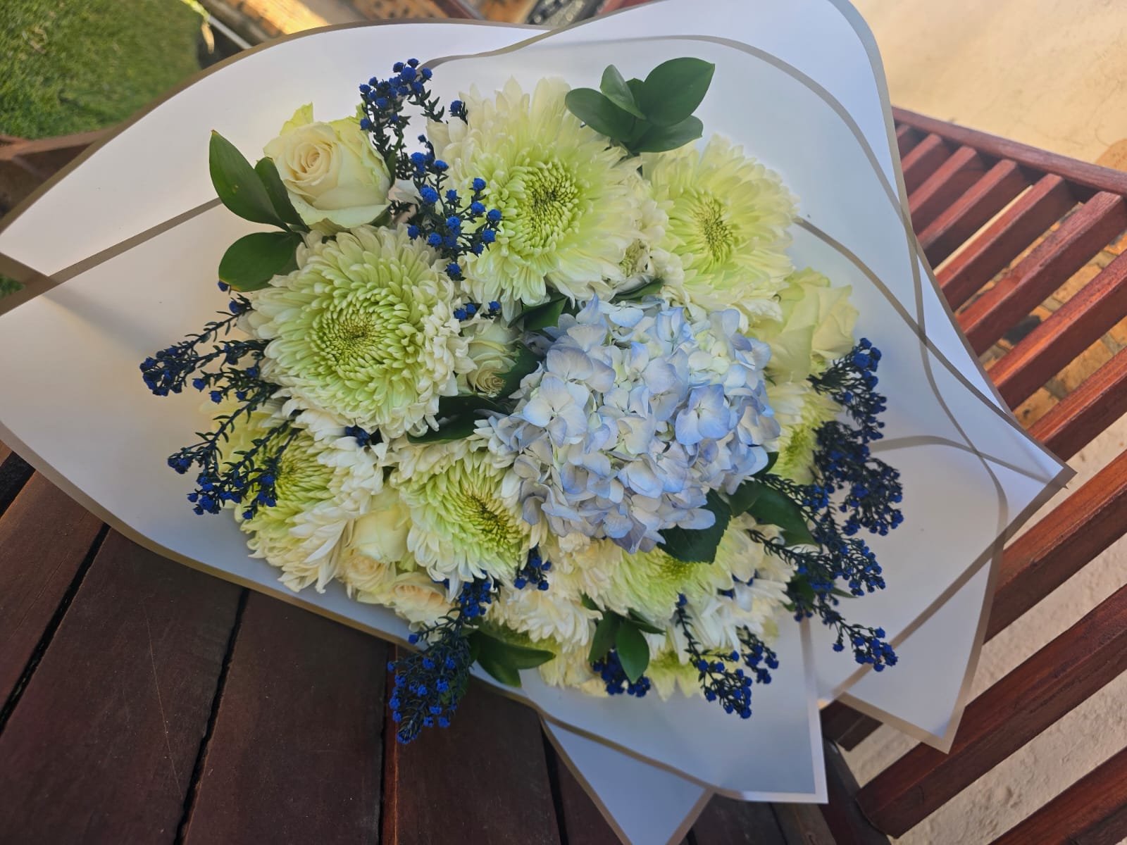Mixed Green & Blue Floral Arrangement